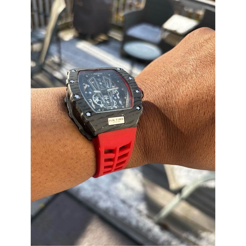 Tourbillon-Style Pintime 2021 Sport Chronograph — Men's Skeleton Dial, Red Rubbe